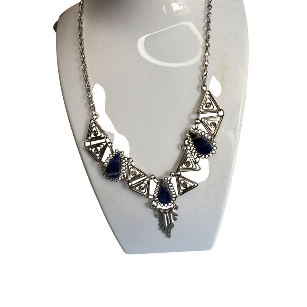 Vintage Silver Necklace Blue Lapis Lazuli Teardrops Intricate Triangle Design 18 - Picture 4 of 6